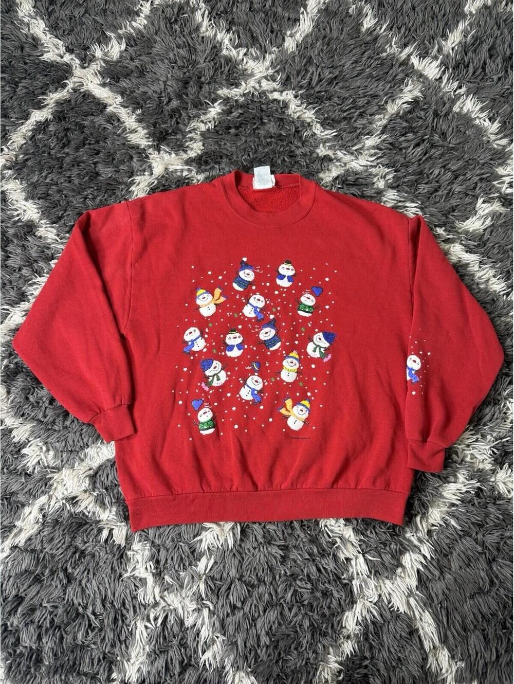 Vintage 90s Hallmark Snowman Christmas Sweatshirt XL Red Made in USA Pullover